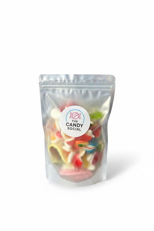Bag of assorted blue gummy sweets